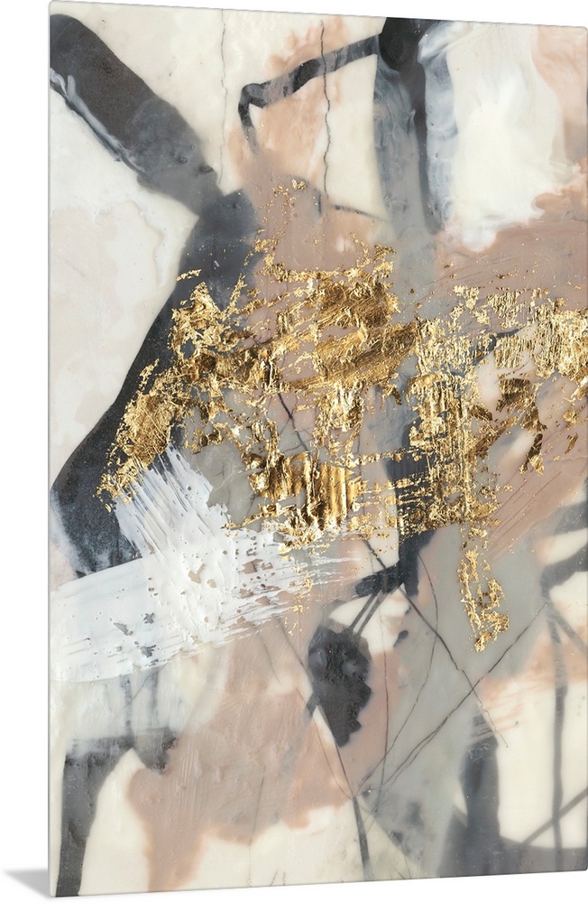 Abstract of chaotic brush strokes of gray, black and beige in washed out shaded on a cream background with metallic gold a...