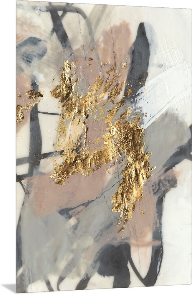 Abstract of chaotic brush strokes of gray, black and beige in washed out shaded on a cream background with metallic gold a...