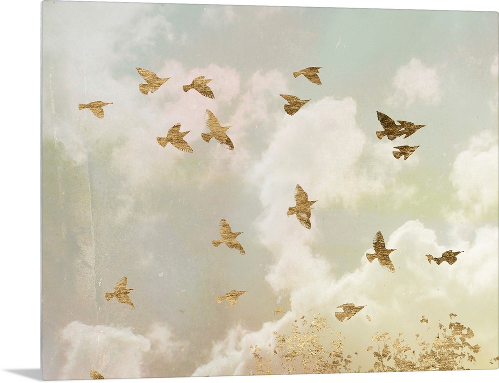 Gold birds in flight in a cloudy sky with bright sunlight.