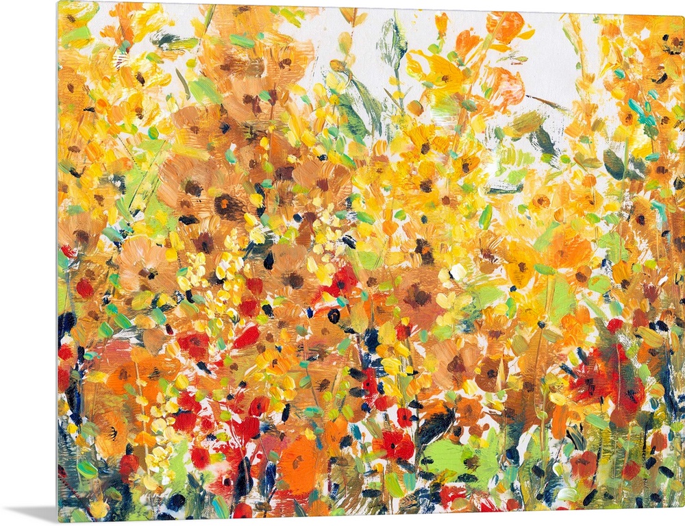 Contemporary painting of a summer garden full of blooming orange and yellow flowers.