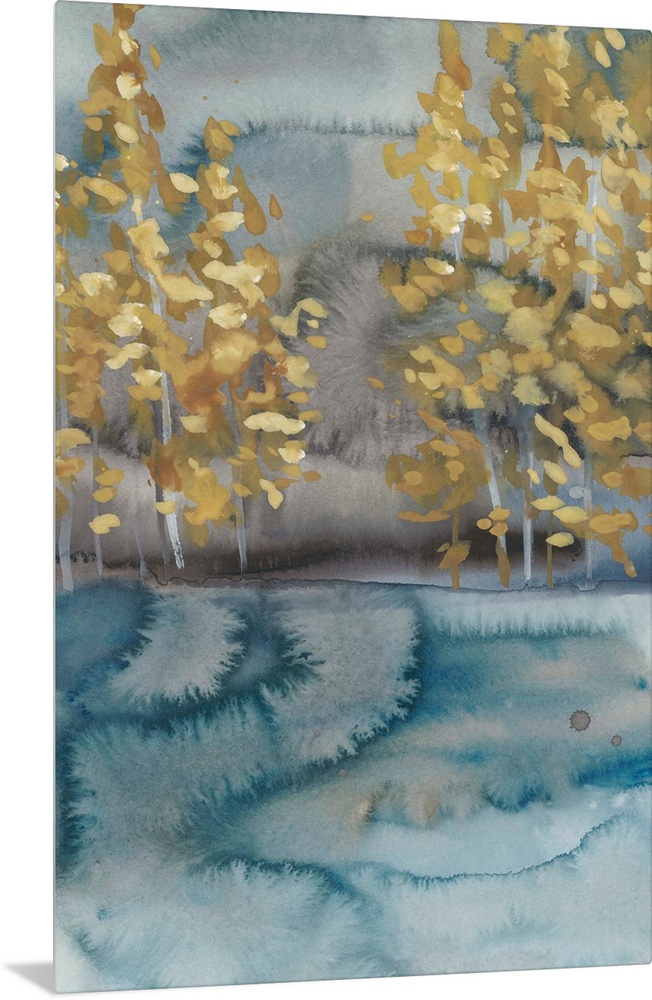 Abstract watercolor landscape in blue and gray with golden trees.