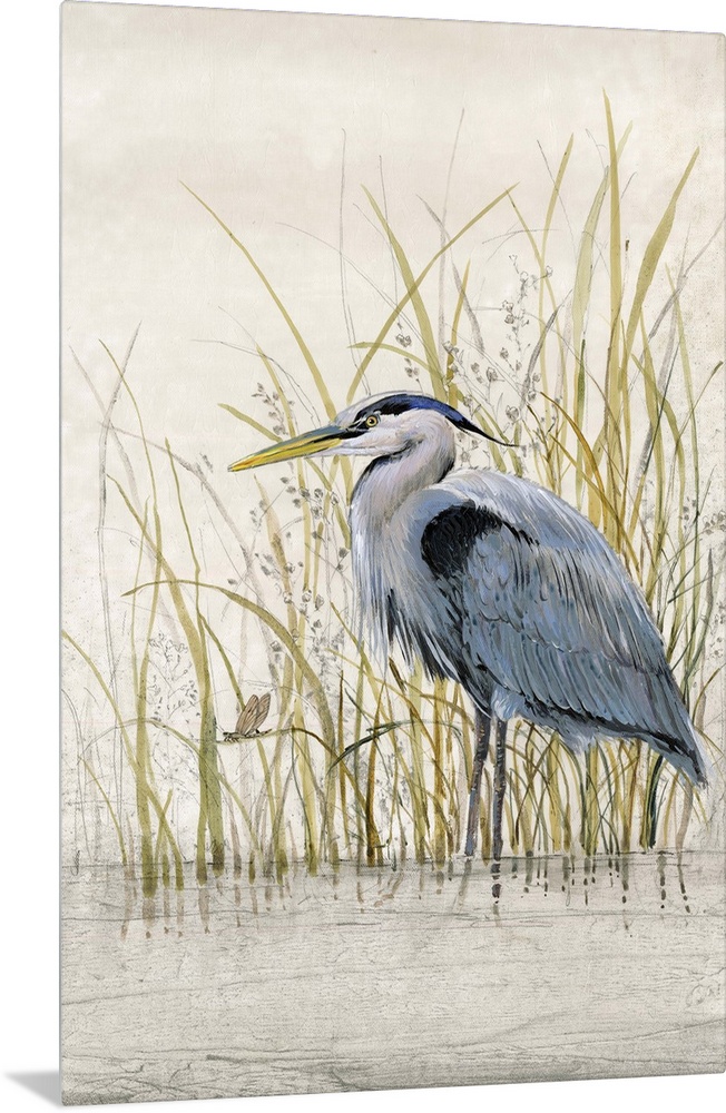 Contemporary artwork of a heron standing in shallow water among tall grass.