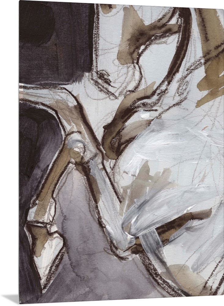 Abstract figurative painting of the close up view of a horse done in brown and white paint with sketched black lines overl...
