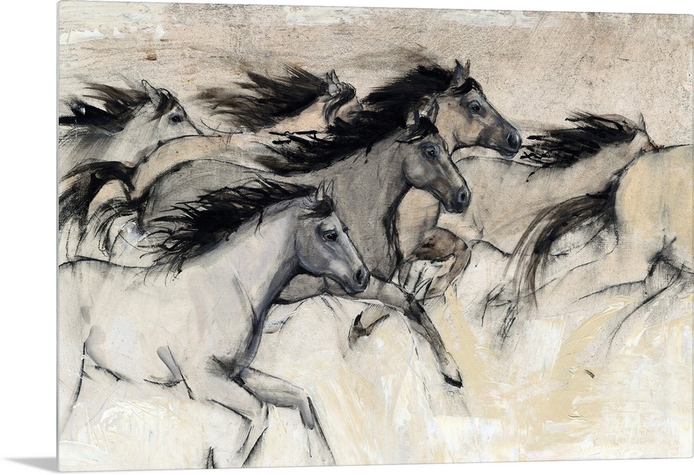 Contemporary artwork of a herd of horses galloping at fast pace.