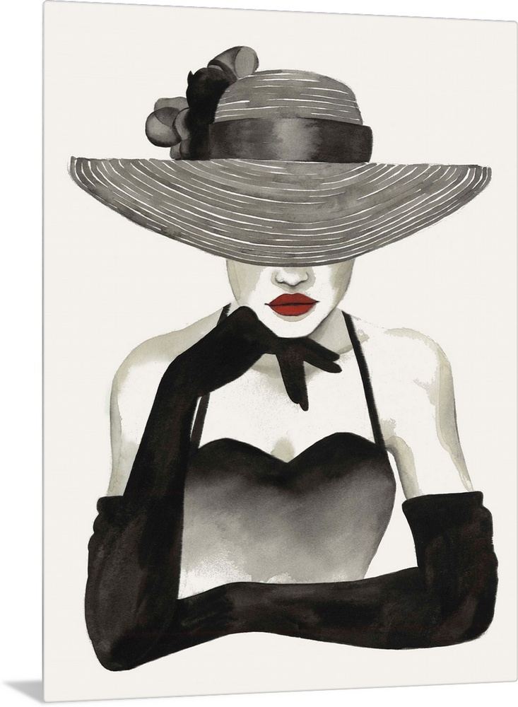 Fashion docor image of a slender woman wearing elbow length black gloves and a large straw hat. Her eyes are covered, givi...