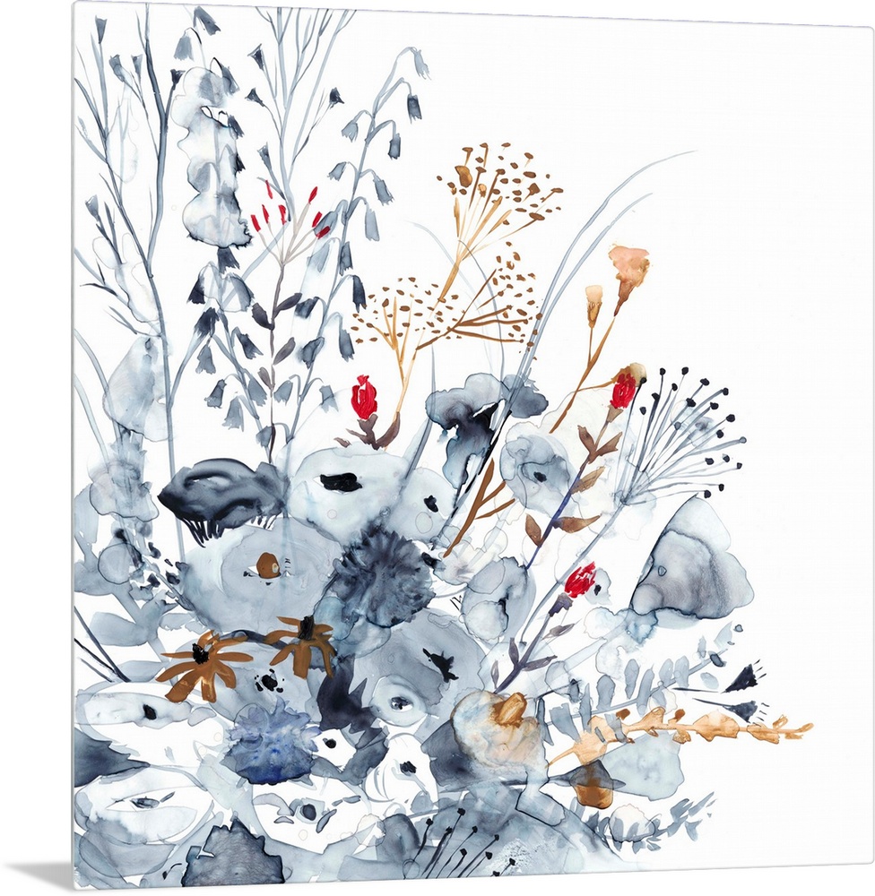 Square watercolor painting of indigo, orange, and red wildflowers.