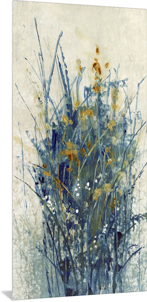 Contemporary abstract artwork using dark cool tones in wispy line strokes creating what looks like grass and flowers.