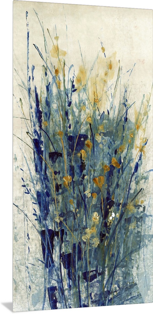 Contemporary abstract artwork using dark cool tones in wispy line strokes creating what looks like grass and flowers.