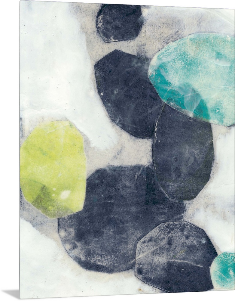 Contemporary painting with abstracted ovular forms in indigo and green on a neutral background.