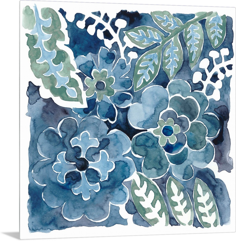 Watercolor floral motif in shades of indigo.