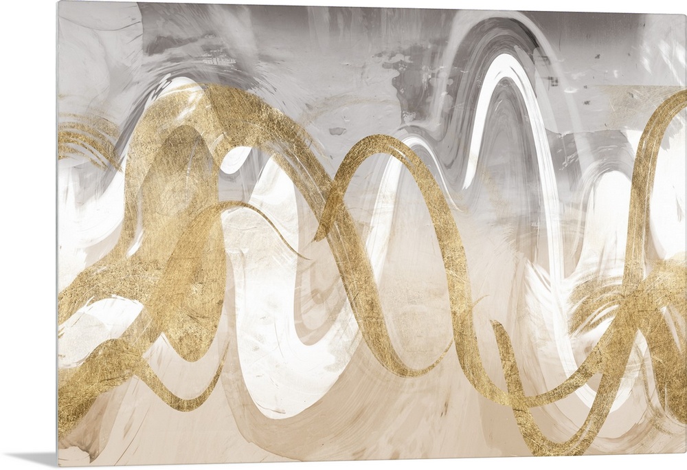 Abstract contemporary painting of interweaving gold and white wavy lines.