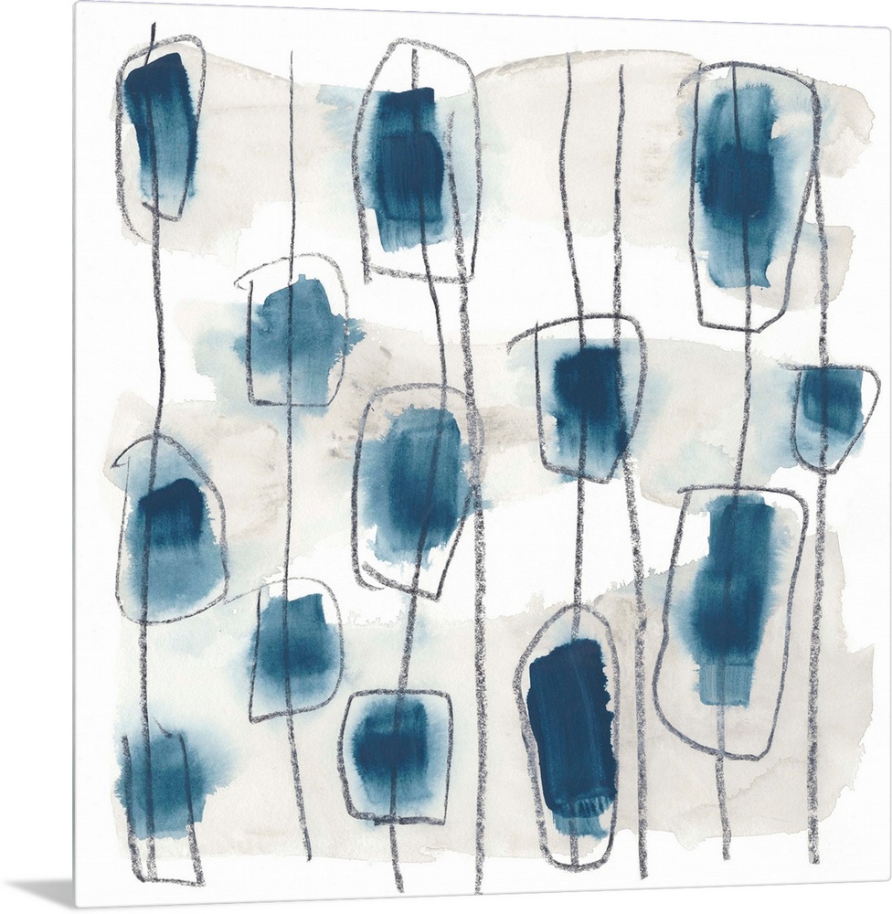 Contemporary abstract painting in gray and indigo blue.