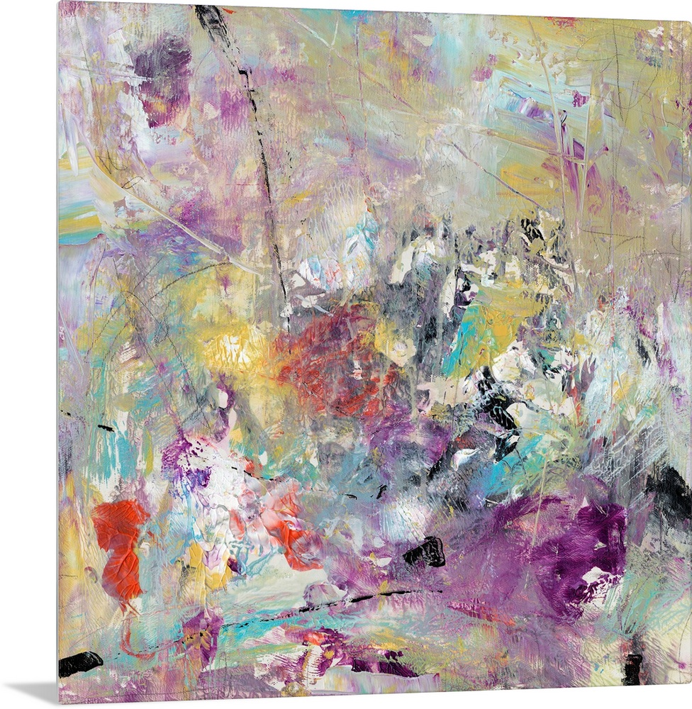 Contemporary abstract artwork in a frenzy of colors and textures, with scratches, brushstrokes, and splatters.