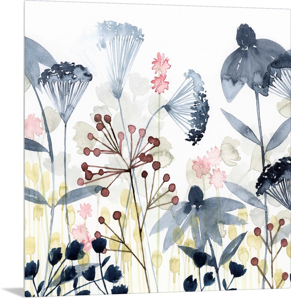 This soft contemporary artwork features an assortment of wildflowers and foliage including delicate blue watercolor blossoms.