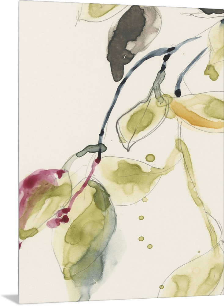 Watercolor abstract branches and leaves. Part of a triptych.