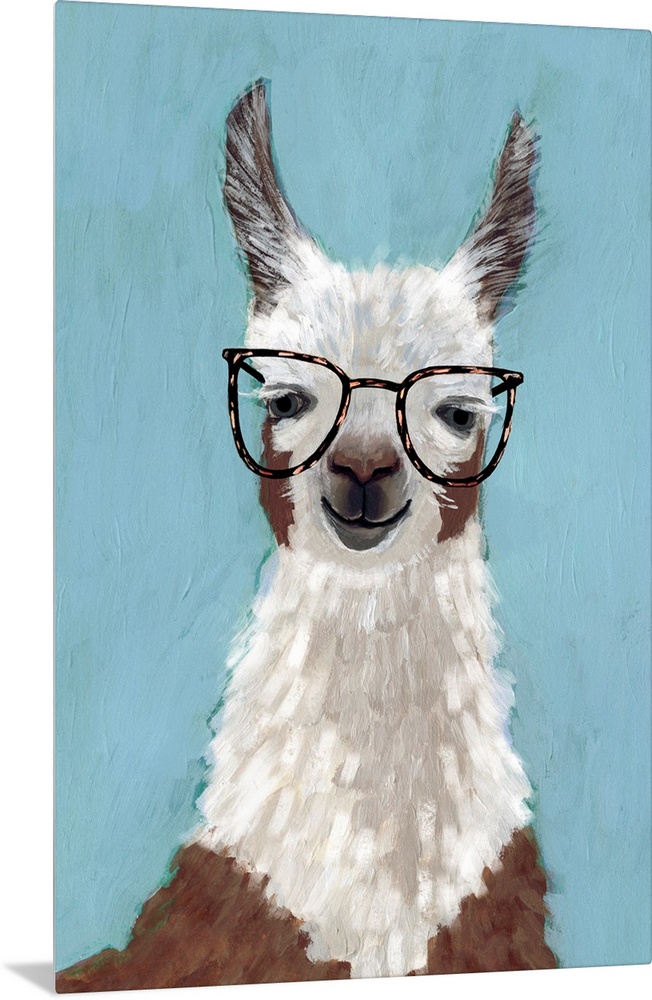 One painting in a series of hipster llamas with goofy grins wearing eye glasses.