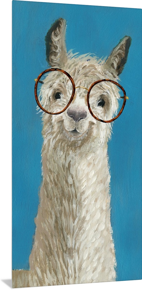 One painting in a series of hipster llamas with goofy grins wearing eye glasses.