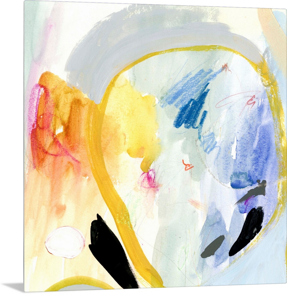 Contemporary abstract painting in various colors with large circular shapes in bright yellow.