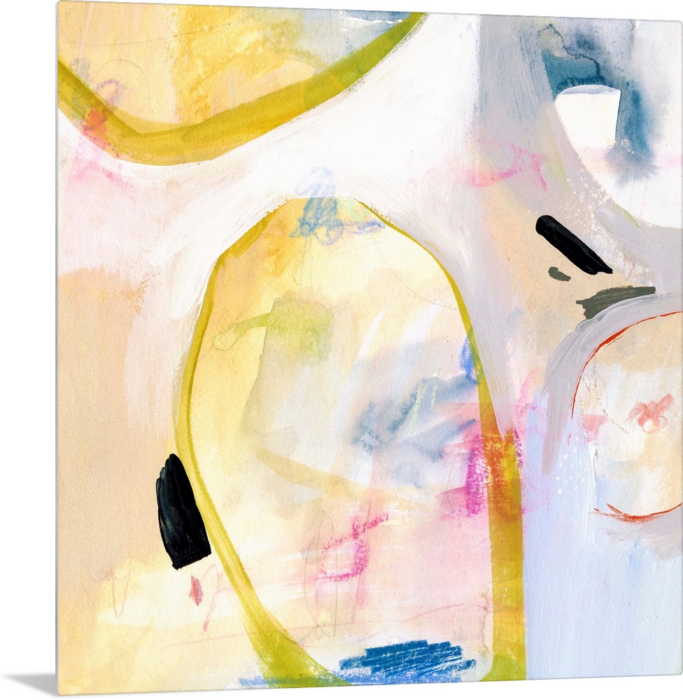 Contemporary abstract painting in various colors with large circular shapes in bright yellow.