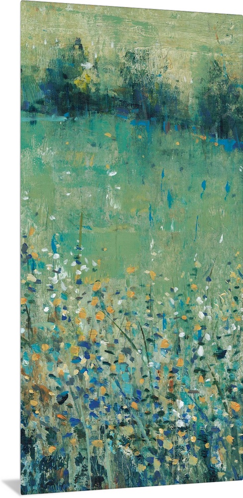 Contemporary painting of an abstracted green meadow full of wildflowers.