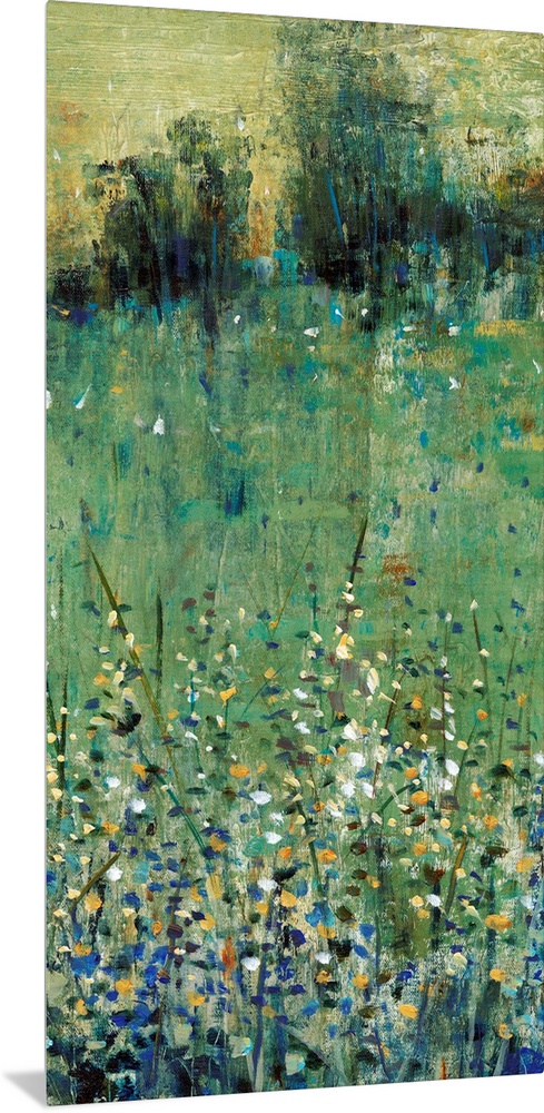 Contemporary painting of an abstracted green meadow full of wildflowers.
