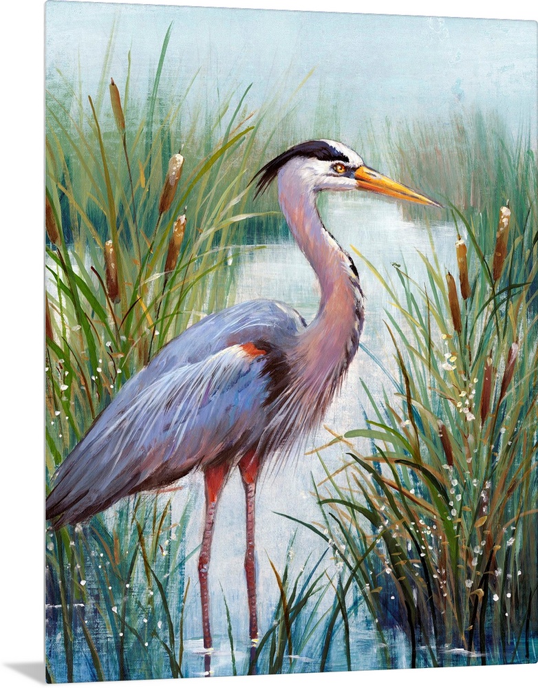 In this contemporary artwork, a stoic heron wades in the water with tall grasses and cattails working as camouflage.