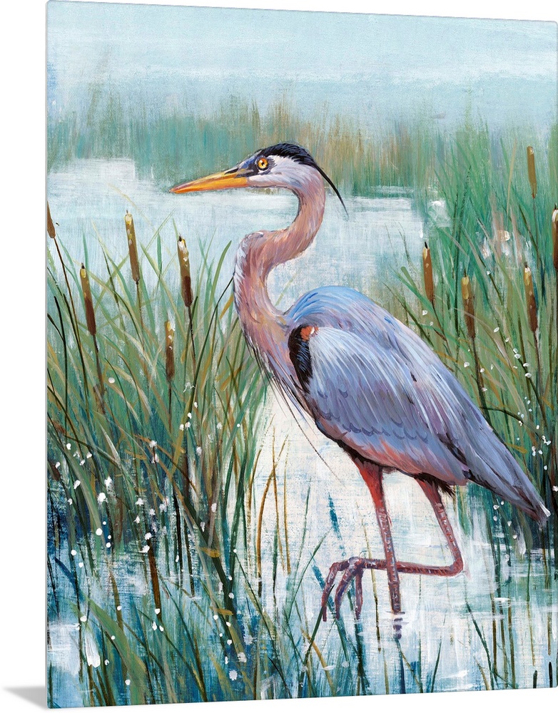In this contemporary artwork, a stoic heron wades in the water with tall grasses and cattails working as camouflage.