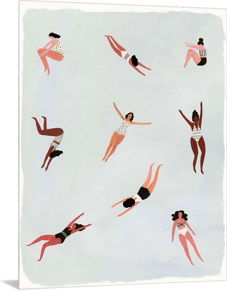 Contemporary figurative painting of various women in swim suits diving and swimming.