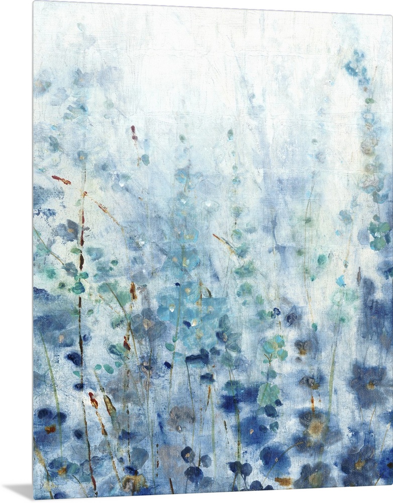 Contemporary painting of a patch of wildflowers made in shades of blue with gold accents.