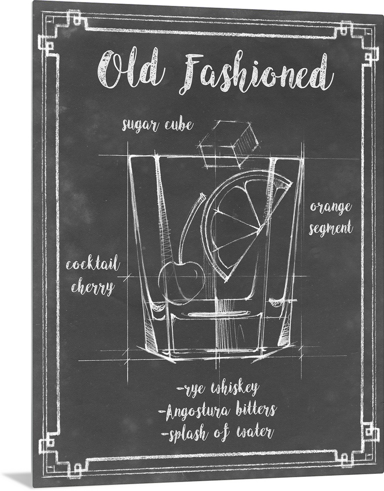 Blueprint style diagram and recipe of an Old Fashioned cocktail.