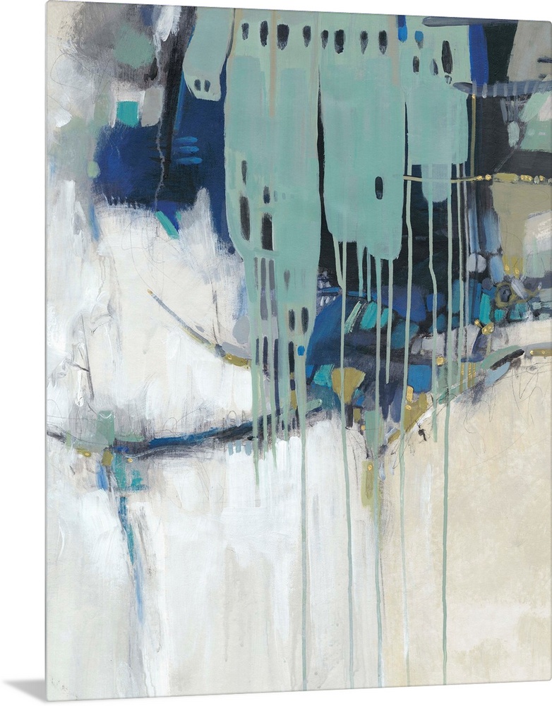 Contemporary abstract painting in teal, navy, and neutral hues.
