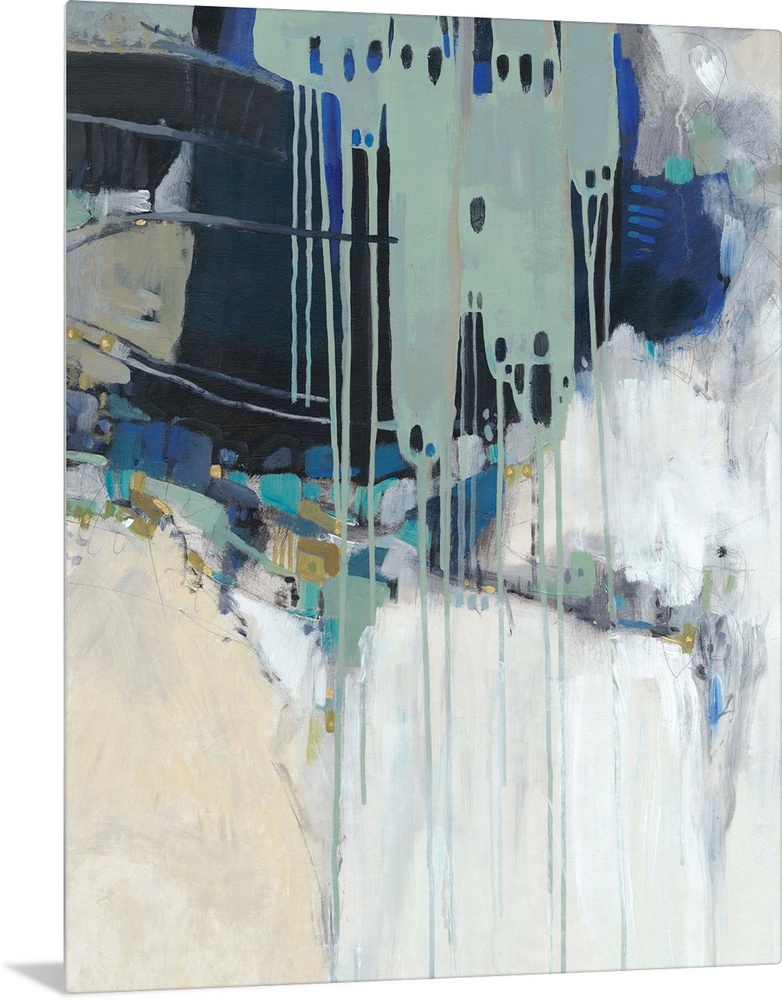 Contemporary abstract painting in teal, navy, and neutral hues.