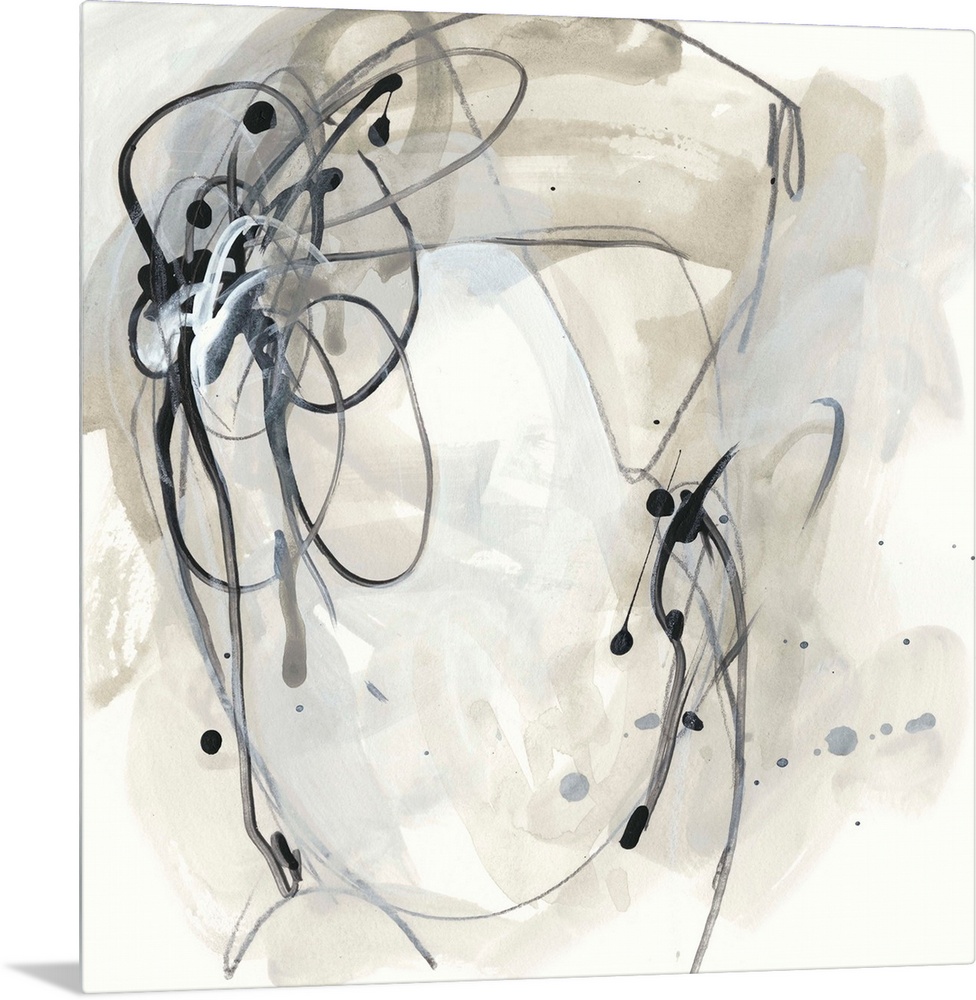 Square abstract painting in black, gray and beige in circular shapes with drips of the overlapping paint on a white backgr...