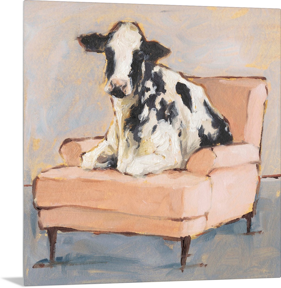 A whimsical composition of a large black and white cow lying comfortably on a peach colored chaise. With it's gold accents...