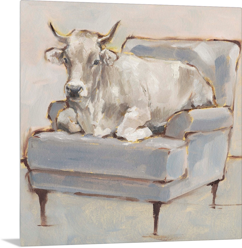 A whimsical composition of a large white cow lying comfortably on a luxe light blue chair. With it's gold accents, this im...