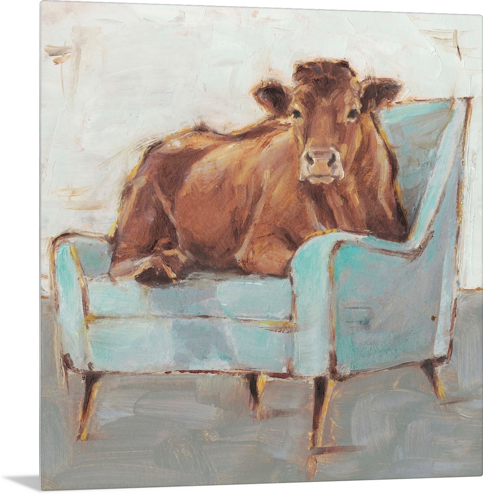 A whimsical composition of a large brown cow lying comfortably on a pale blue armchair. With it's gold accents, this image...