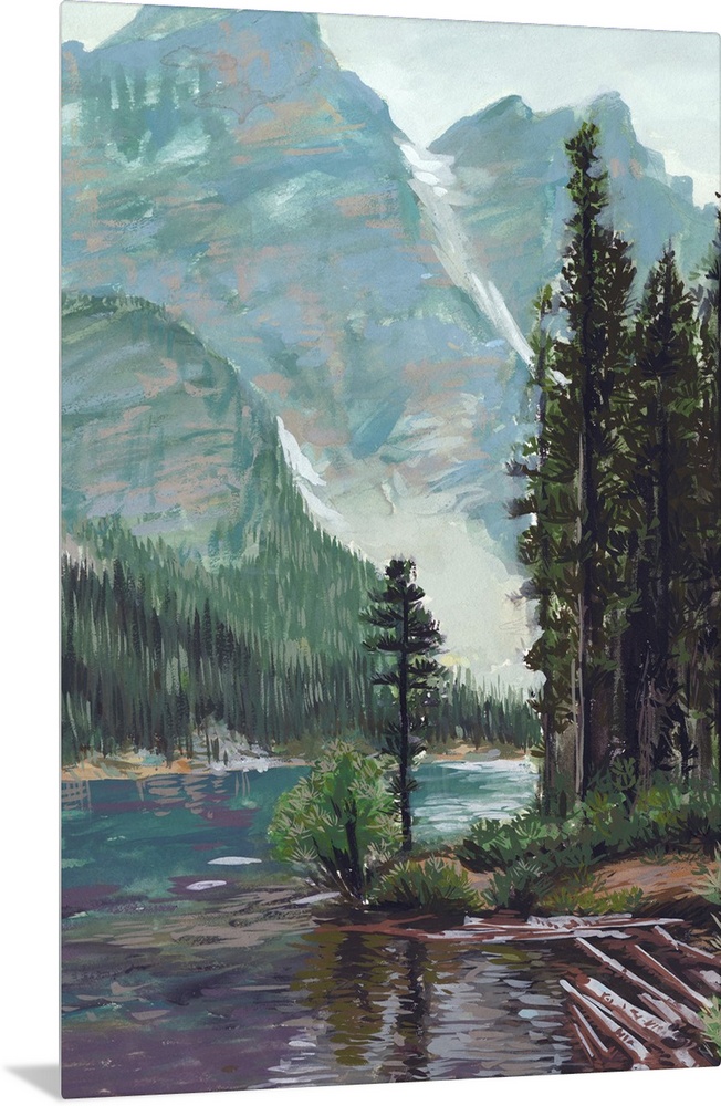 Vertical painting of a lush green mountain and wilderness landscape with a river in the foreground.
