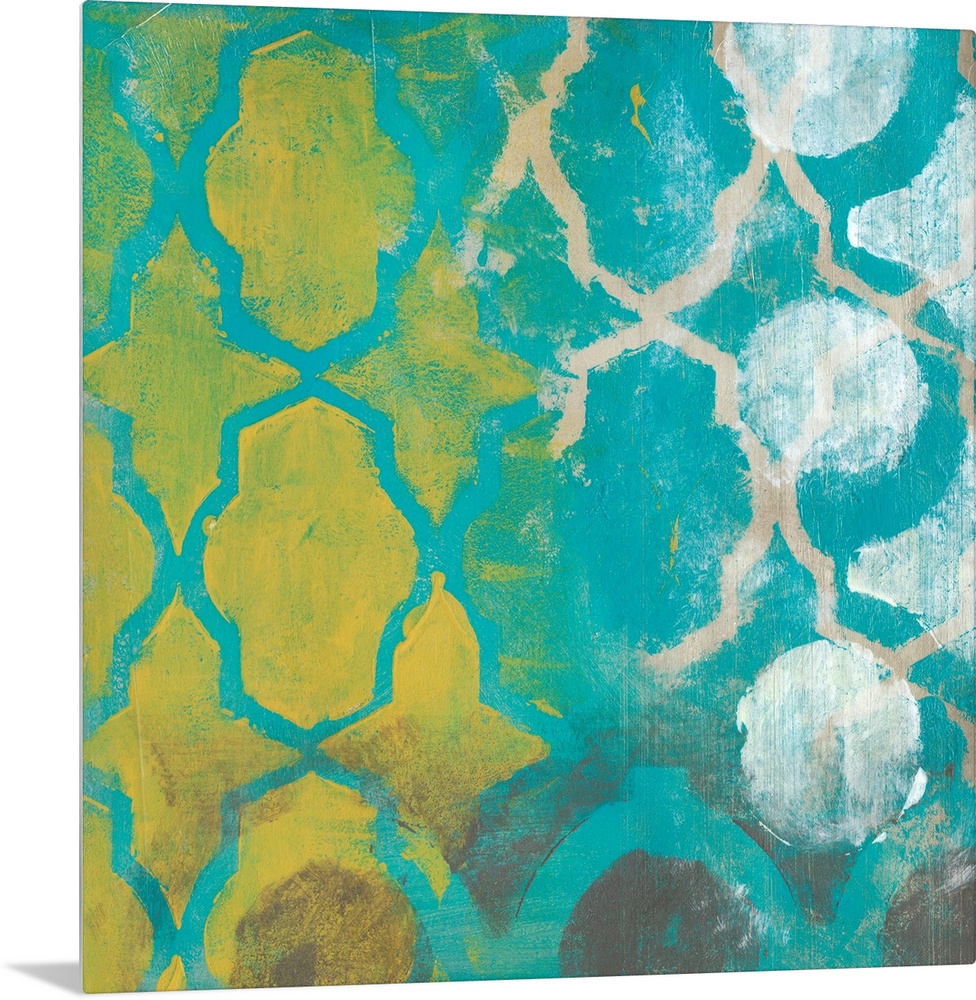 Contemporary abstract painting of two overlapping decorative filigree frameworks.