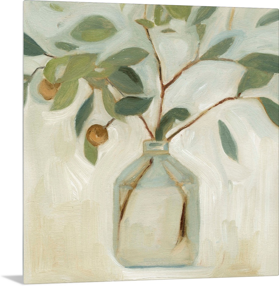 A simple still life of leafy branches in a clear glass jar, painted in a chunky abstracted style in neutral tones.