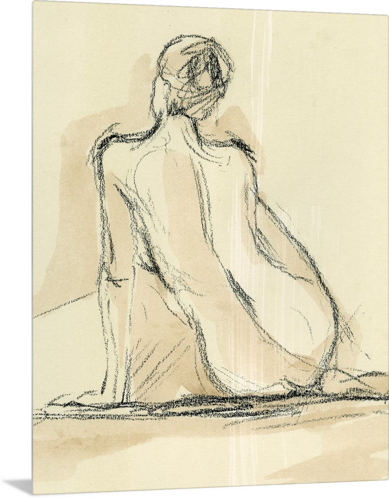 Portrait, figurative art on a large wall hanging, of a roughly sketched nude, female form, leaning on one hand while sitti...