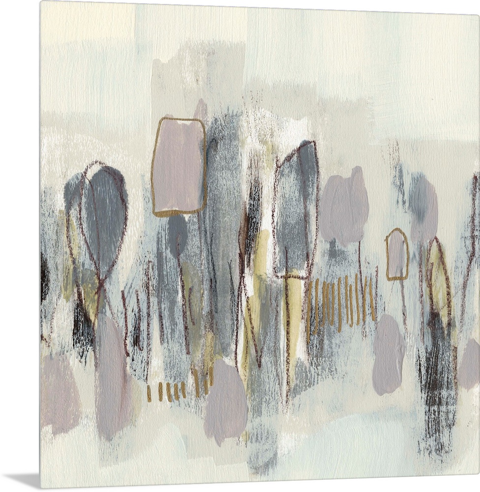 Neutral-toned contemporary painting of abstract shapes.
