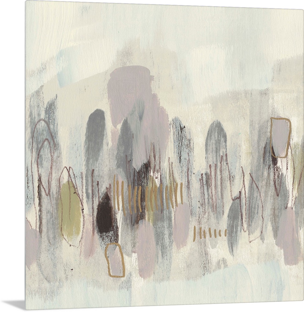Neutral-toned contemporary painting of abstract shapes.