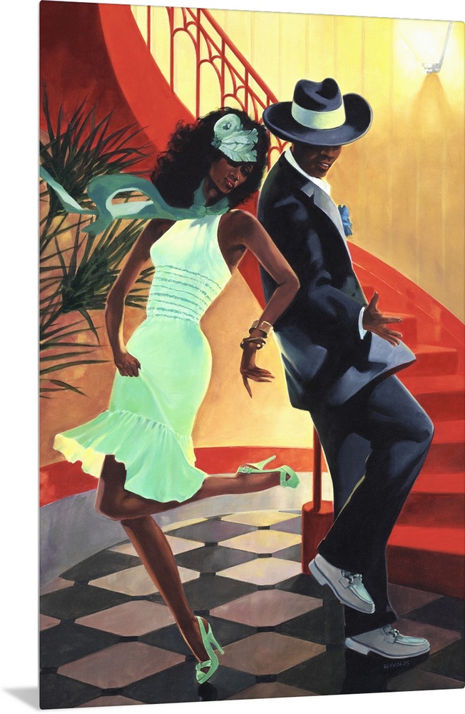 An African American couple in 20's style fashion dancing in an upscale club.