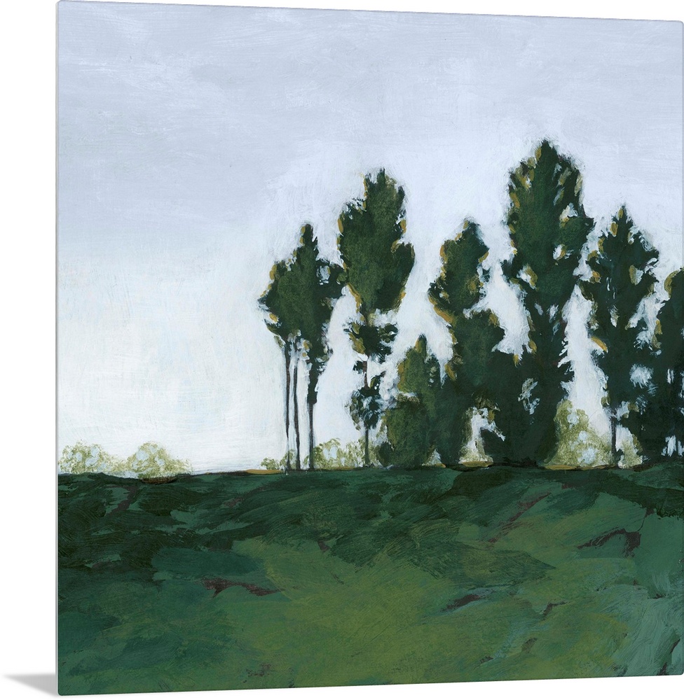 Contemporary painting of a vibrant green landscape.