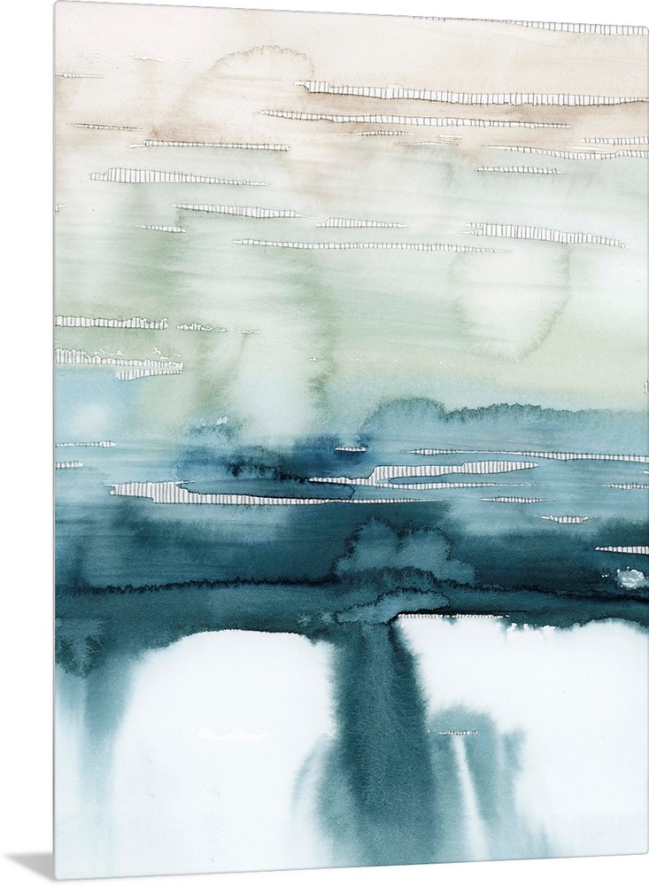 Contemporary painting in a beige-blue gradient with running paint at the bottom.