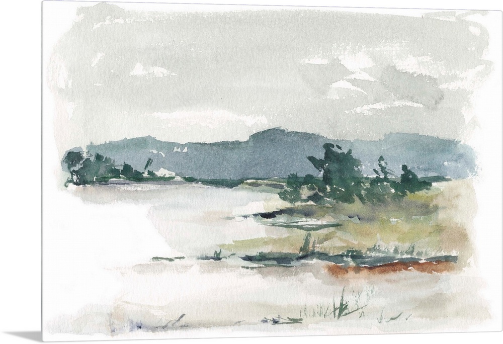 Watercolor abstract landscape in muted earth tones and blues.