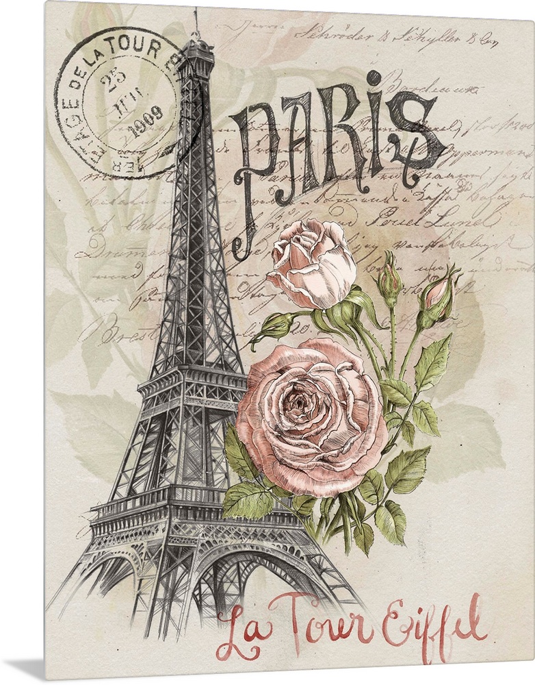 A sketch of the Eiffel tower is adorned with an illustrated rose and French text throughout.