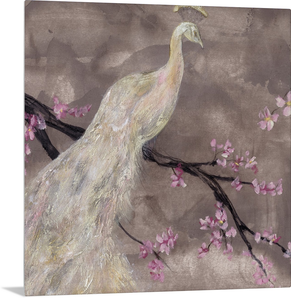 This contemporary artwork depicts an all white peacock that is perched on a branch with small flowers blooming.