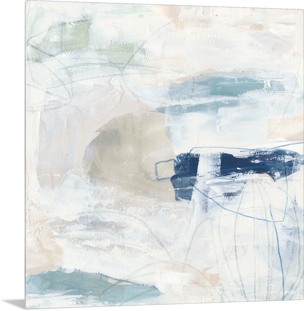 White, pale blue, and neutral browns come together to construct this abstract painting reminiscent of a calm day on the be...