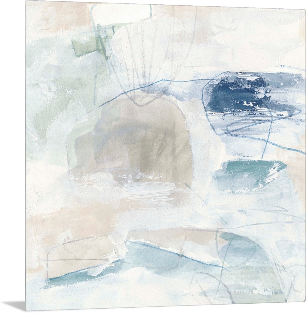 White, pale blue, and neutral browns come together to construct this abstract painting reminiscent of a calm day on the be...